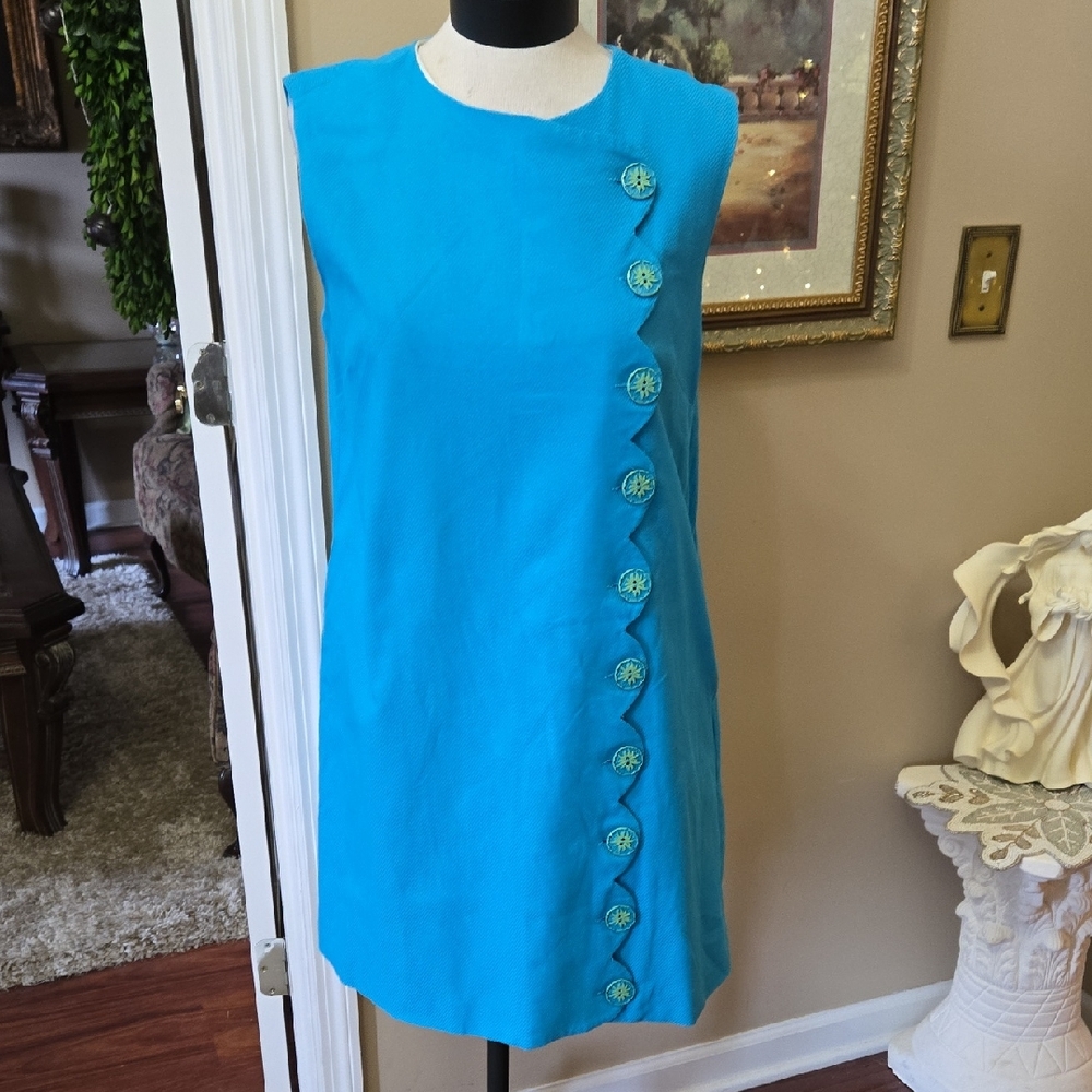 BURU Turquoise Sleeveless Dress Green Button-Accent Fully Lined Pockets! Lg EUC